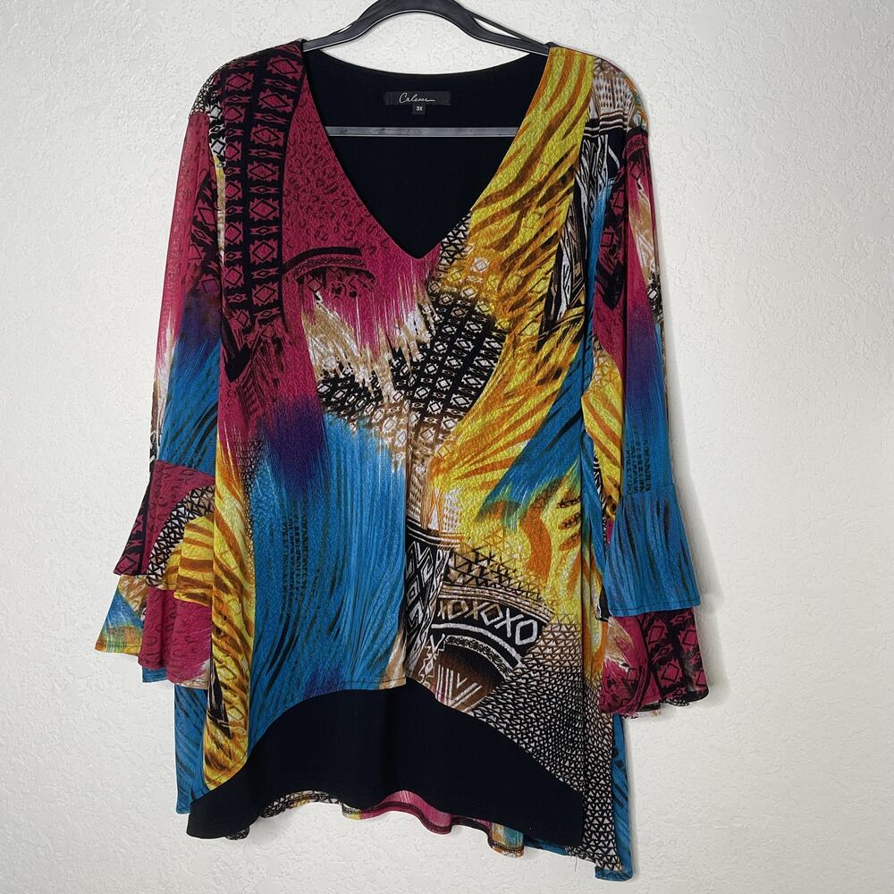 Calessa Bell Sleeve Asymmetric Layered Top Blouse Size 3X Abstract Multicolor